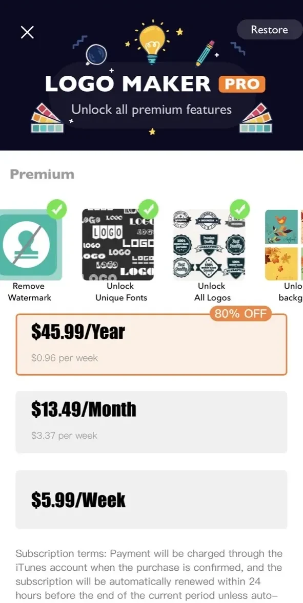 Logo Maker paywall screen