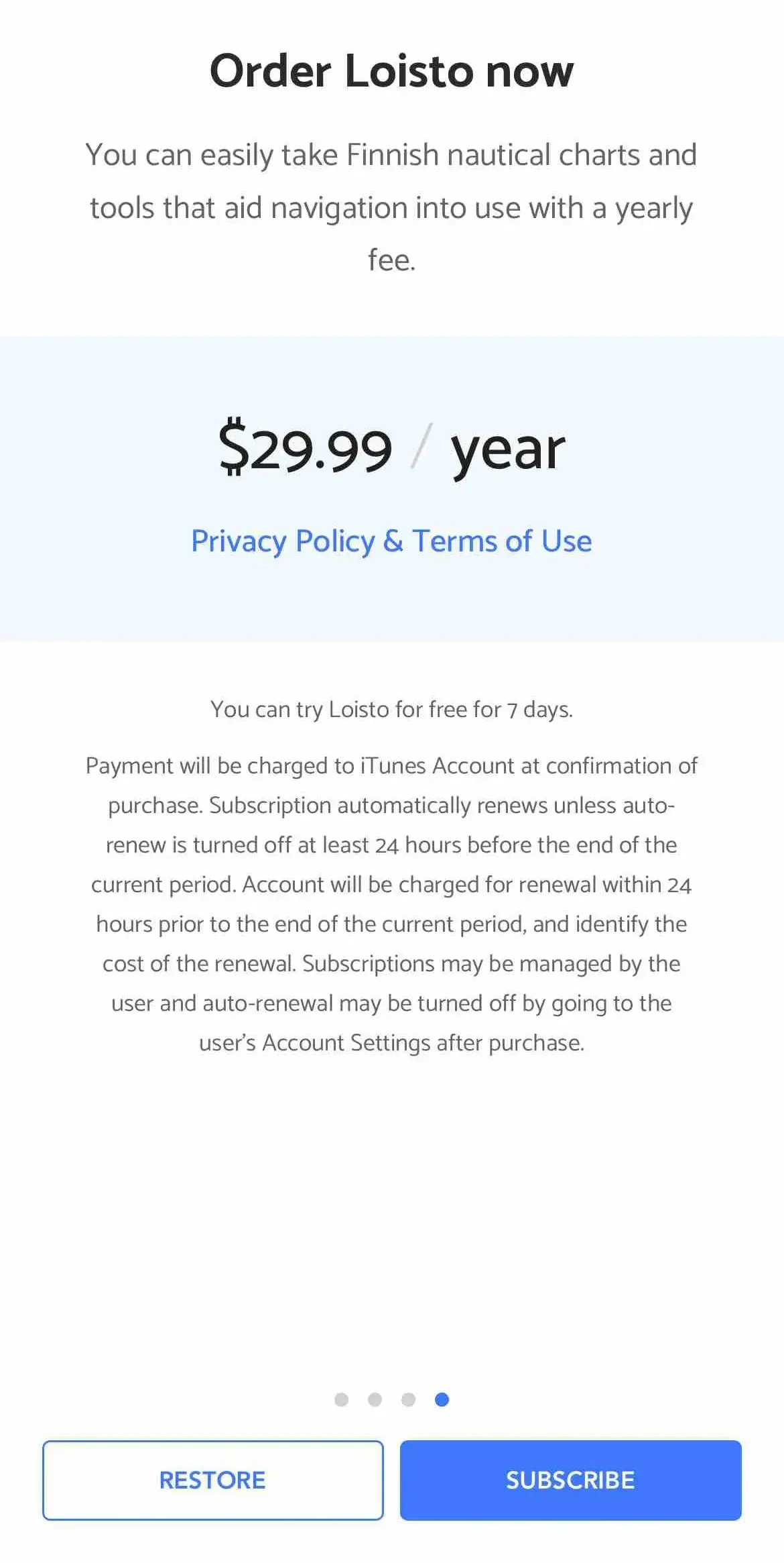 Loisto Mariner paywall screen