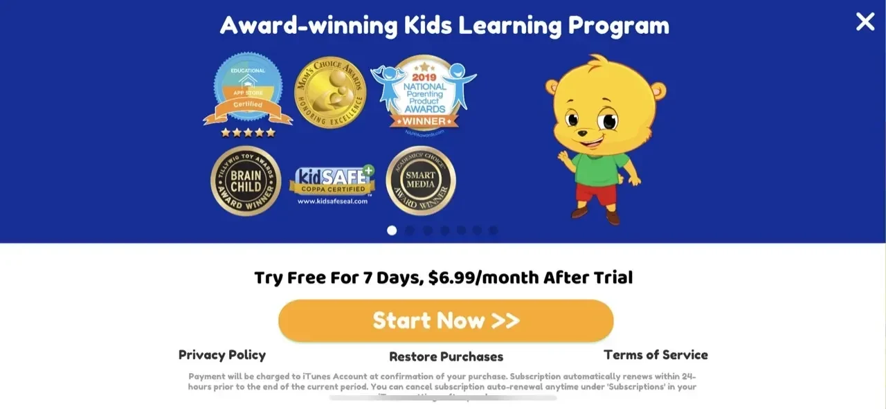 KidloLand Toddler paywall screen