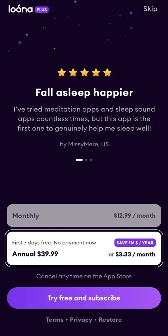 Loóna paywall screen