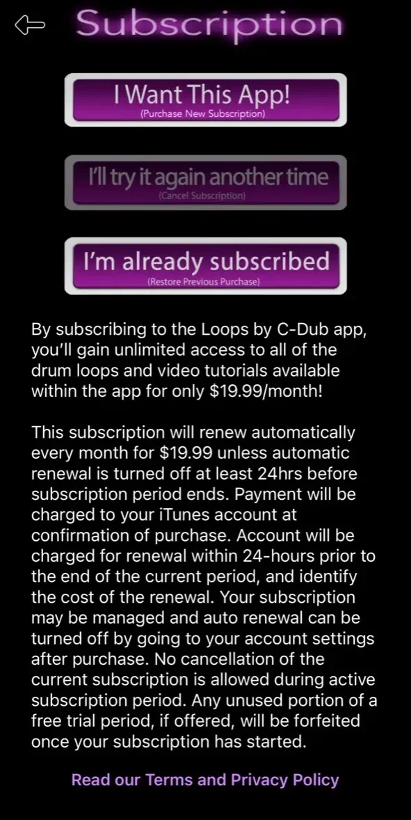 Loops paywall screen