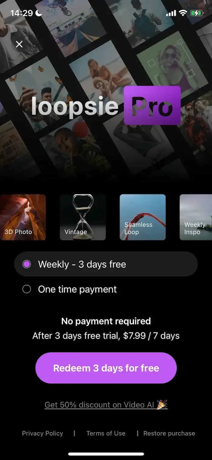 Loopsie paywall screen