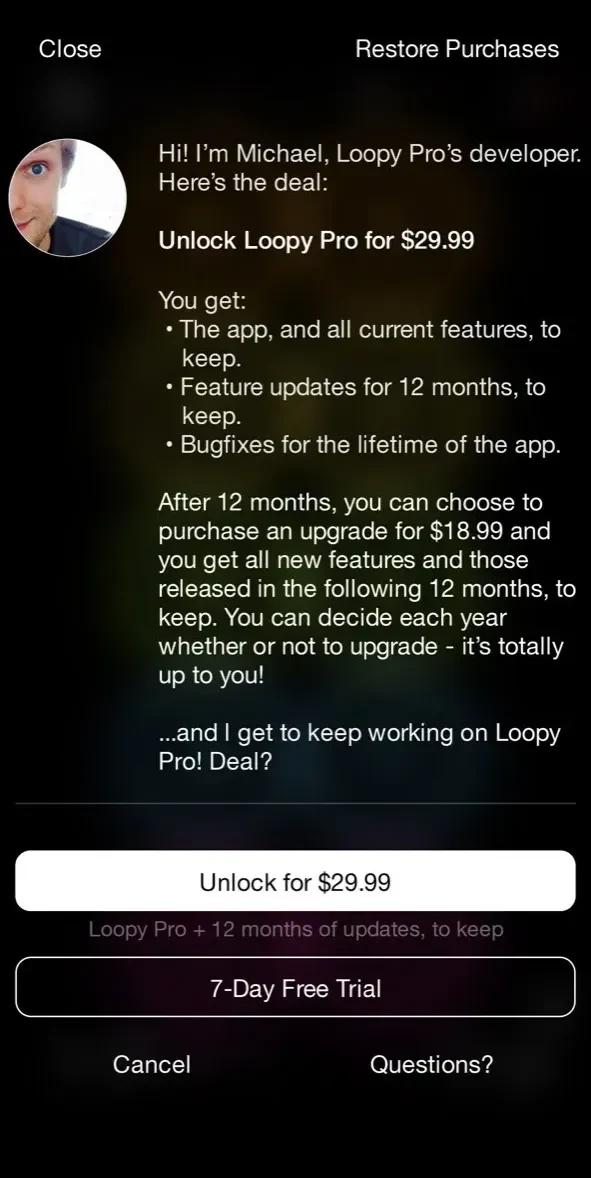 Loopy Pro paywall screen