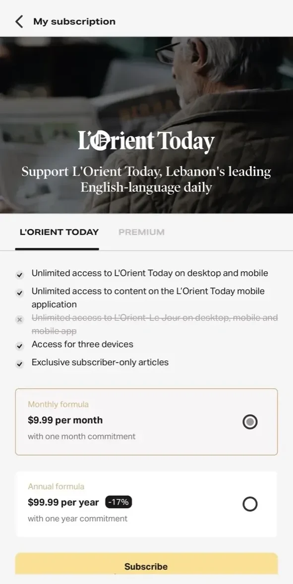L'Orient Today paywall screen