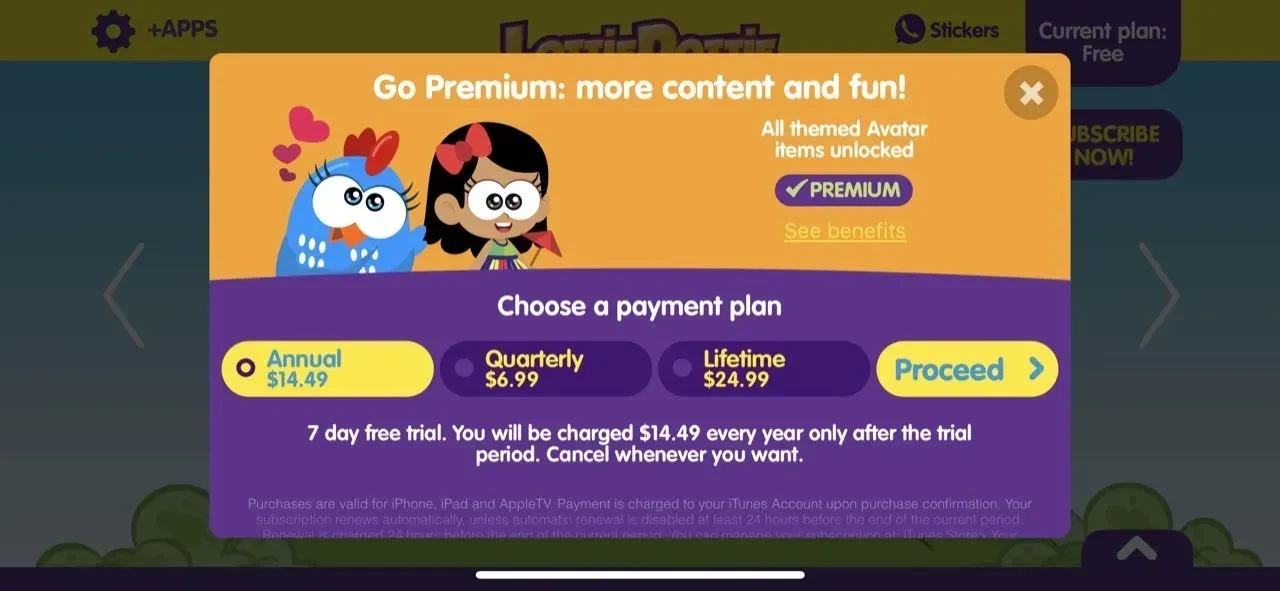Lottie Dottie Chicken Official paywall screen