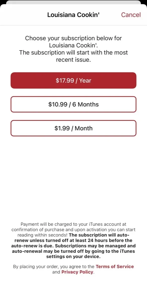 Louisiana Cookin' paywall screen