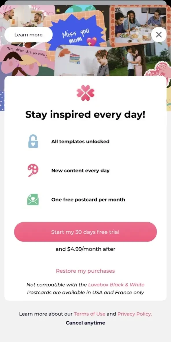 Lovebox Heartfelt Messaging paywall screen