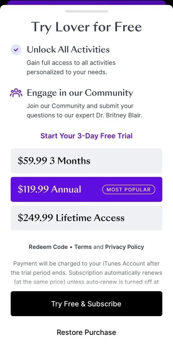 Lover paywall screen