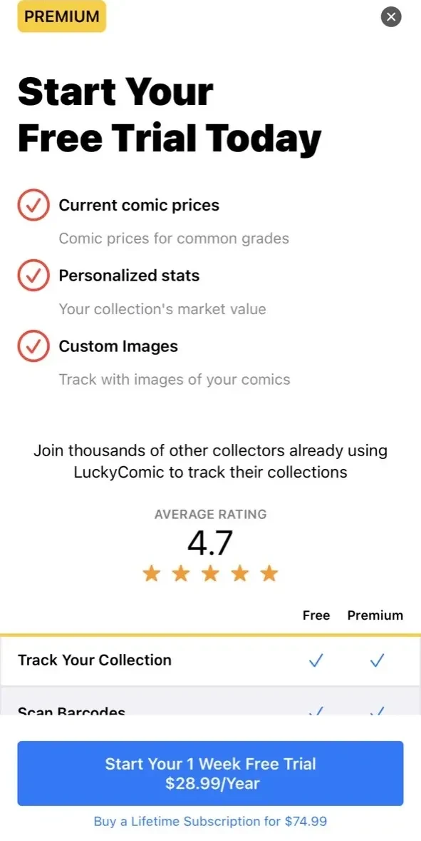 LuckyComic paywall screen