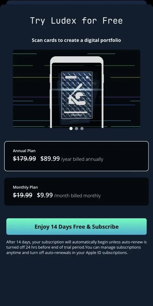 LUDEX Sports Card Scanner paywall screen