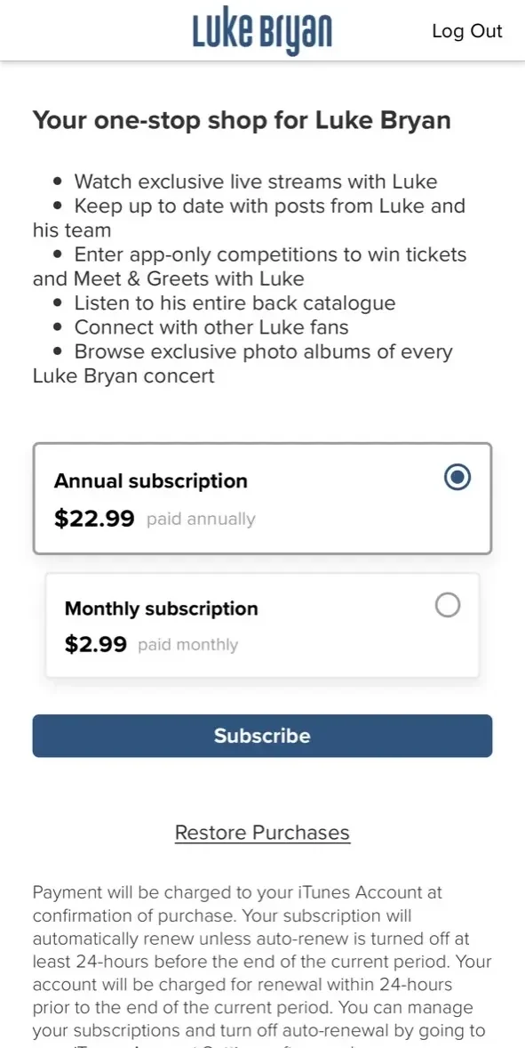 Luke Bryan paywall screen