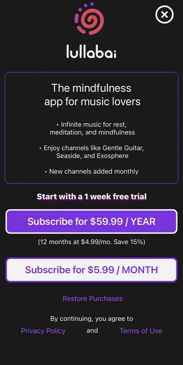 lullabai paywall screen