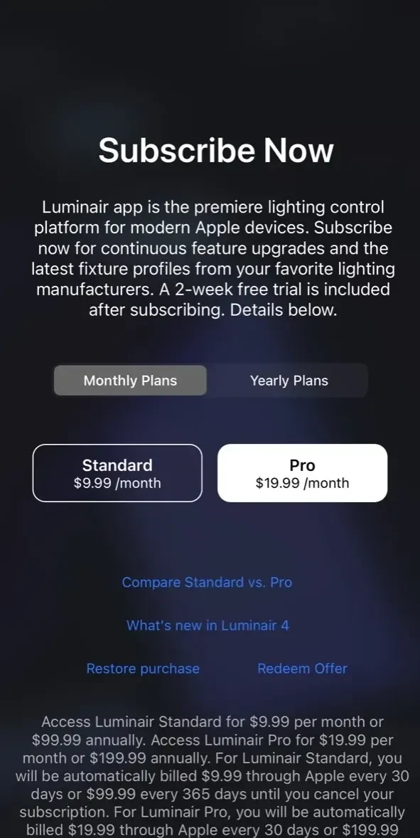 Luminair paywall screen