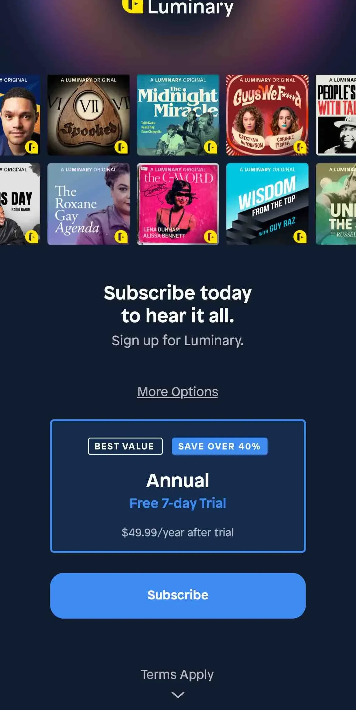 Luminary Podcasts paywall screen