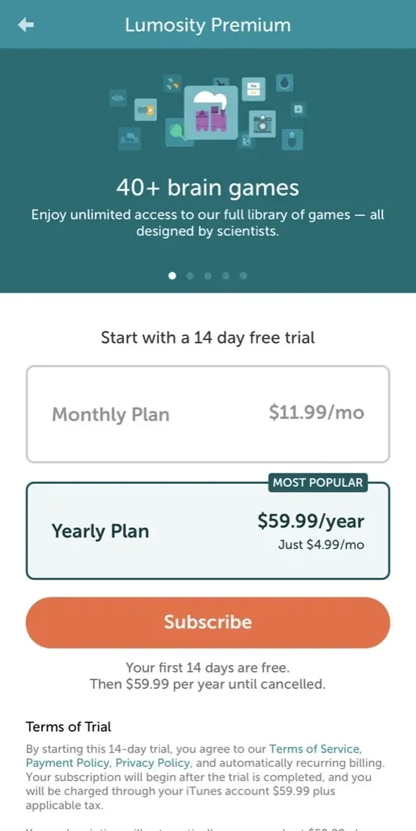 Lumosity paywall screen