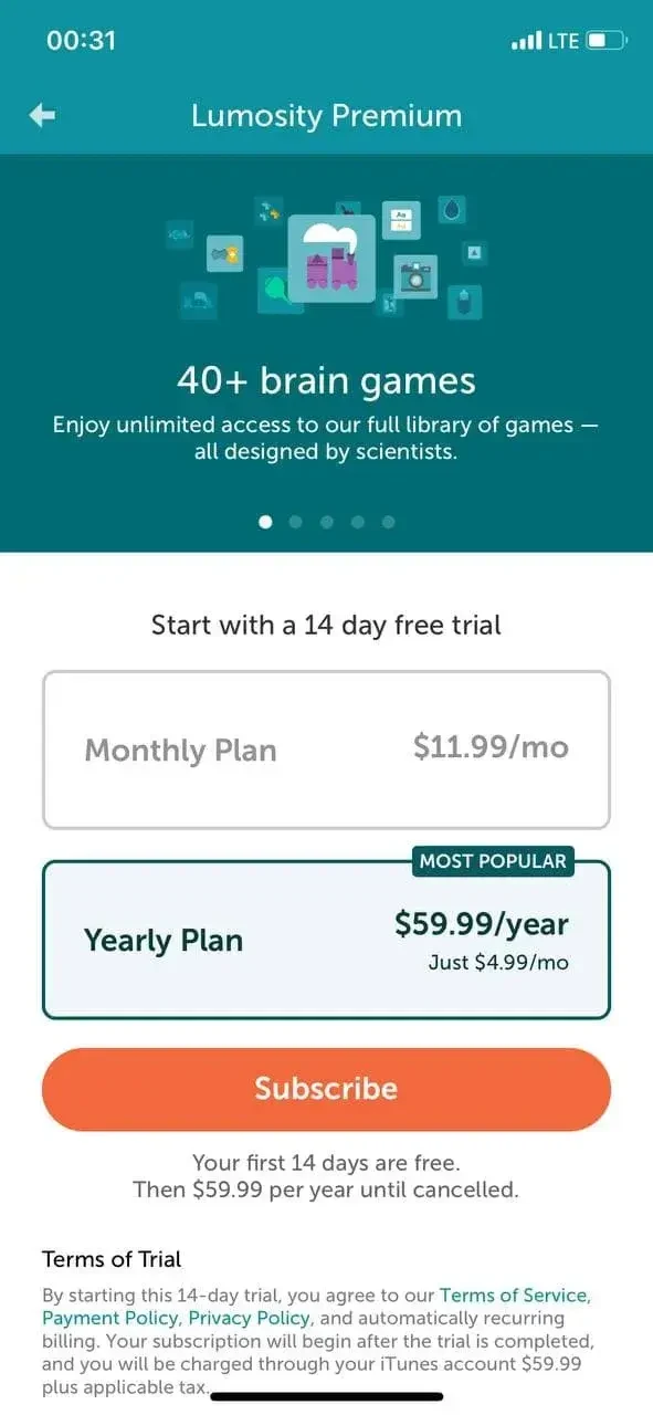 Lumosity paywall screen