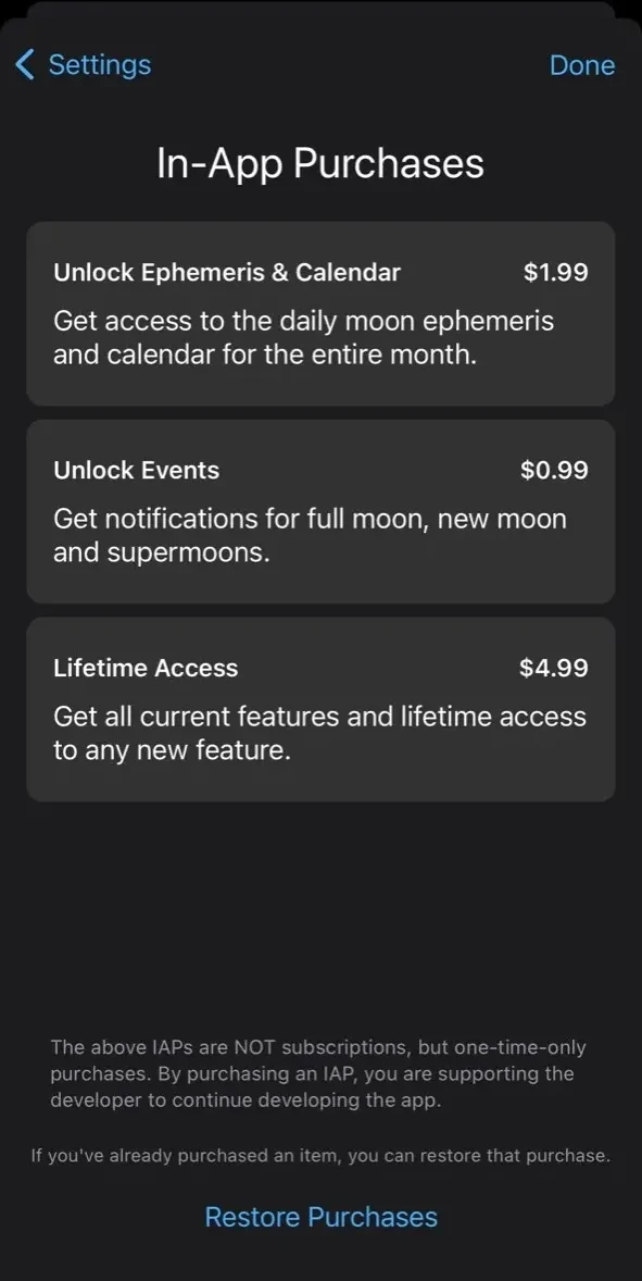 Moon Phase Calendar LunarSight paywall screen
