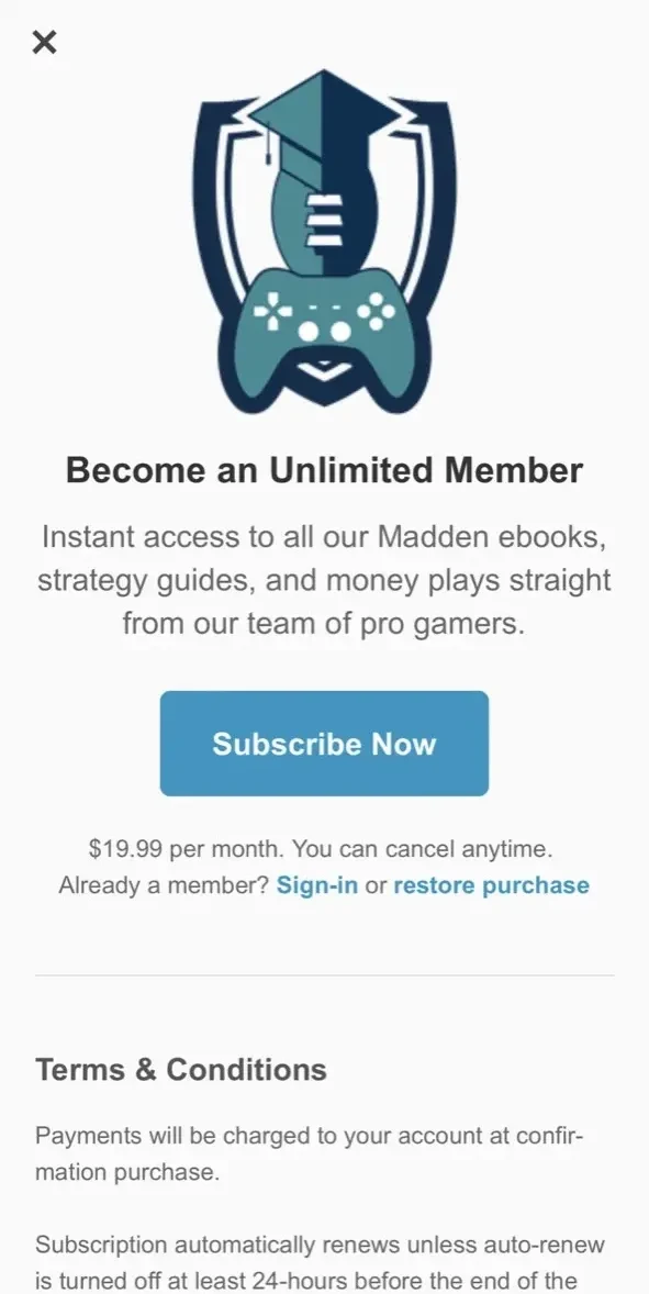 Madden School paywall screen