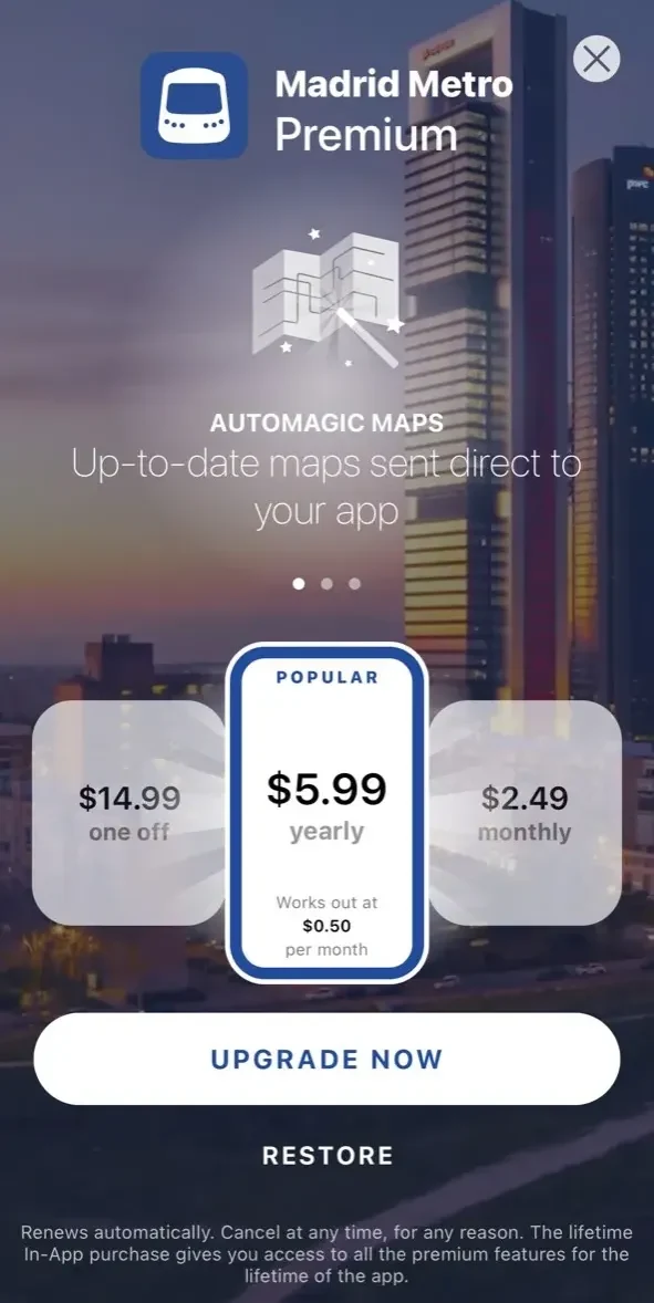 Madrid Metro paywall screen