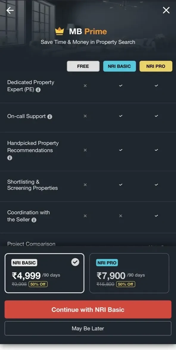 Magicbricks Property Search paywall screen