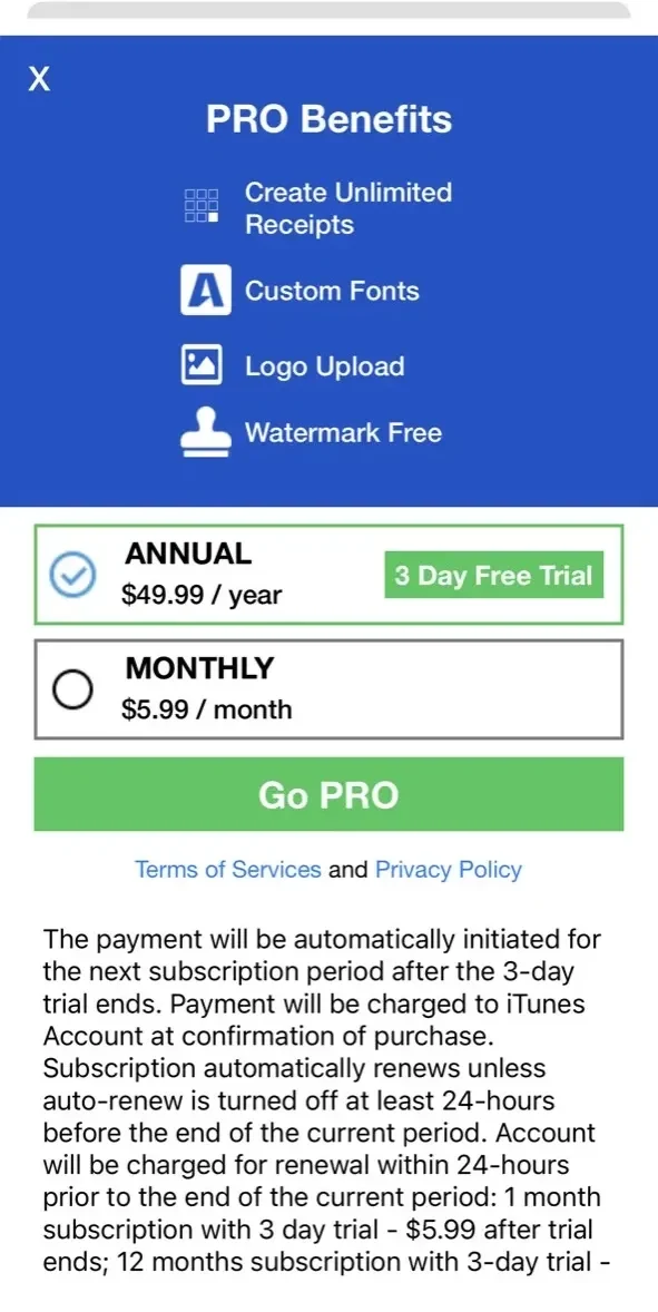Make Receipt paywall screen