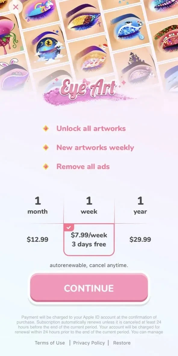 Eye Art paywall screen