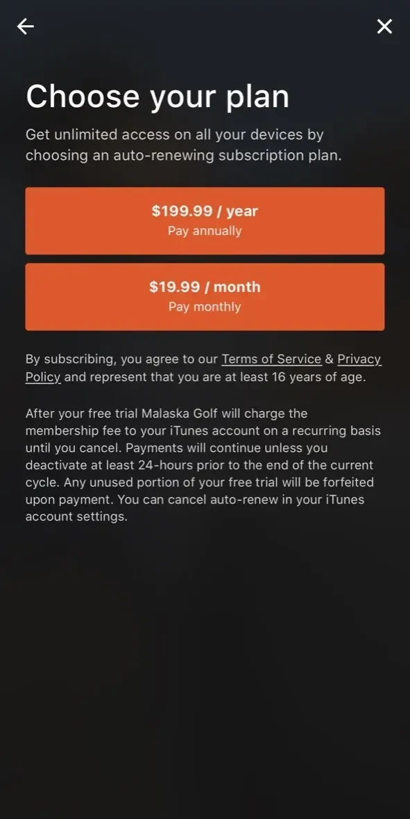 Malaska Golf paywall screen
