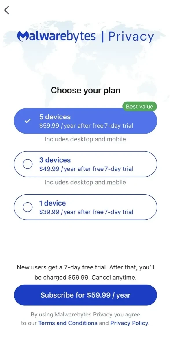 Malwarebytes Privacy VPN paywall screen