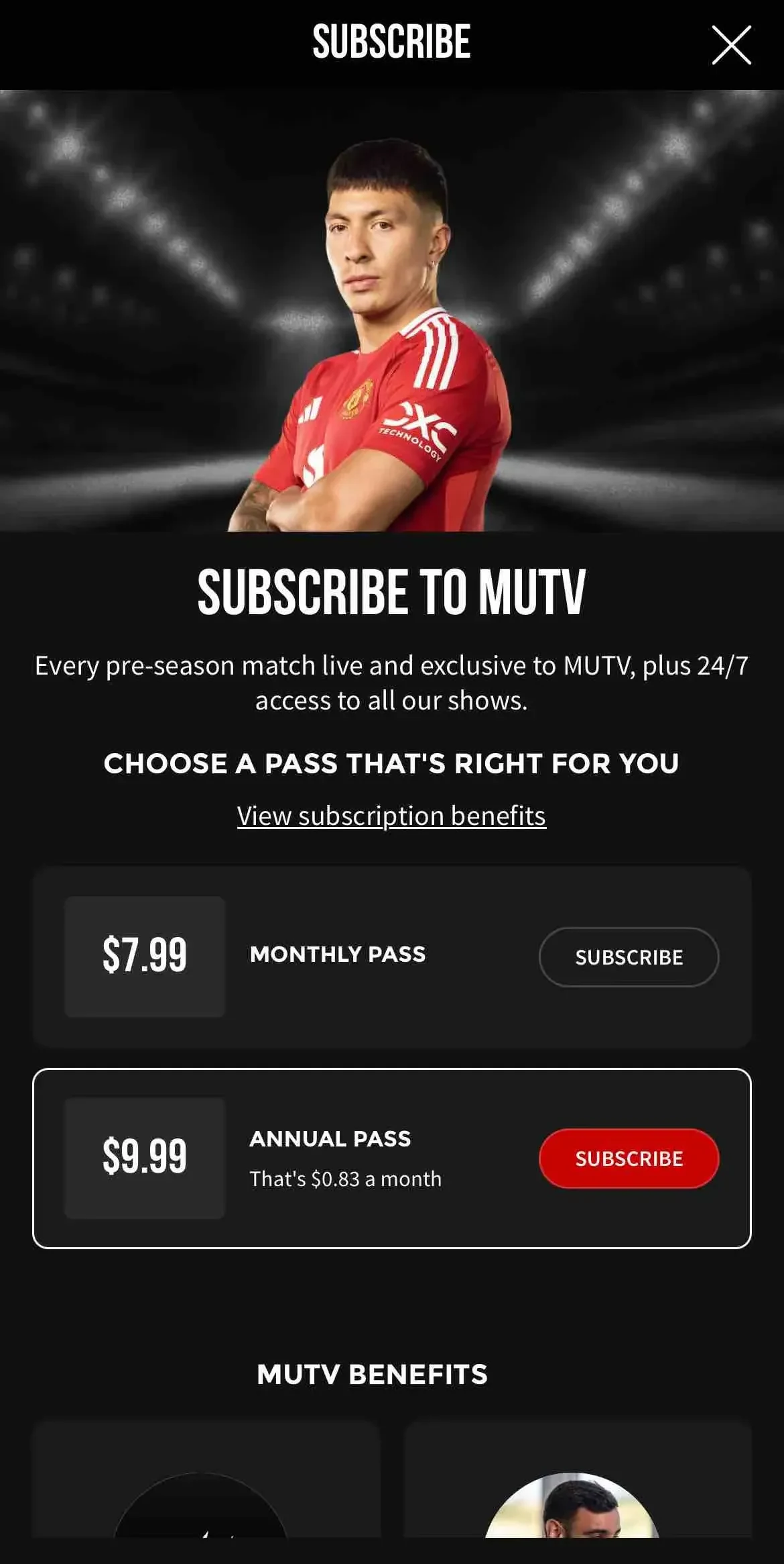 Manchester United Official App paywall screen