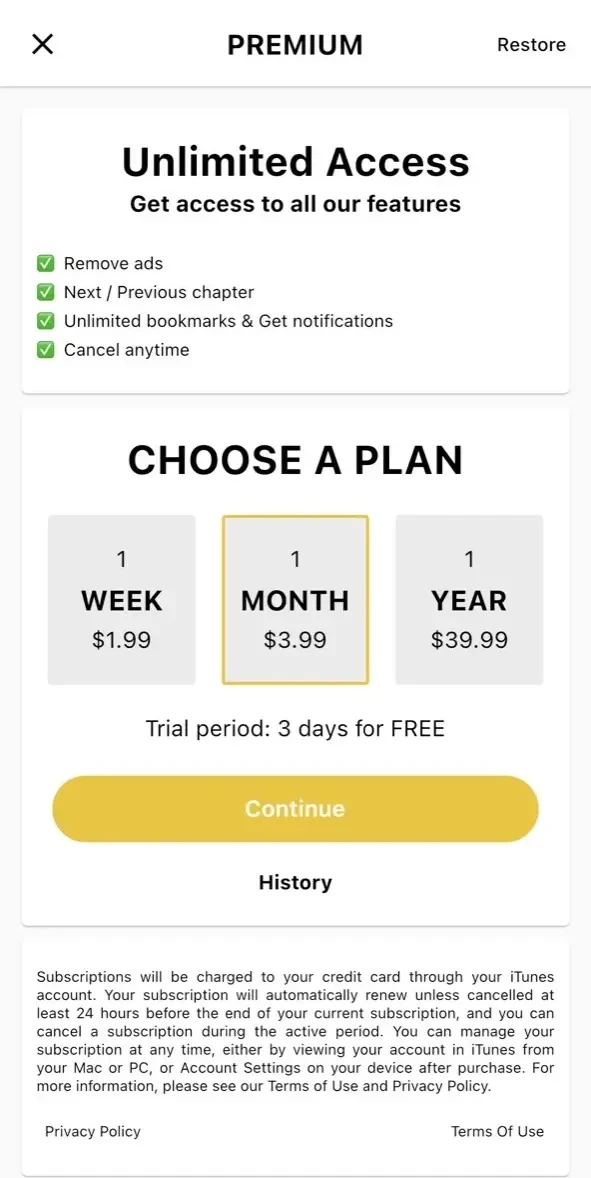 Manga Reader paywall screen