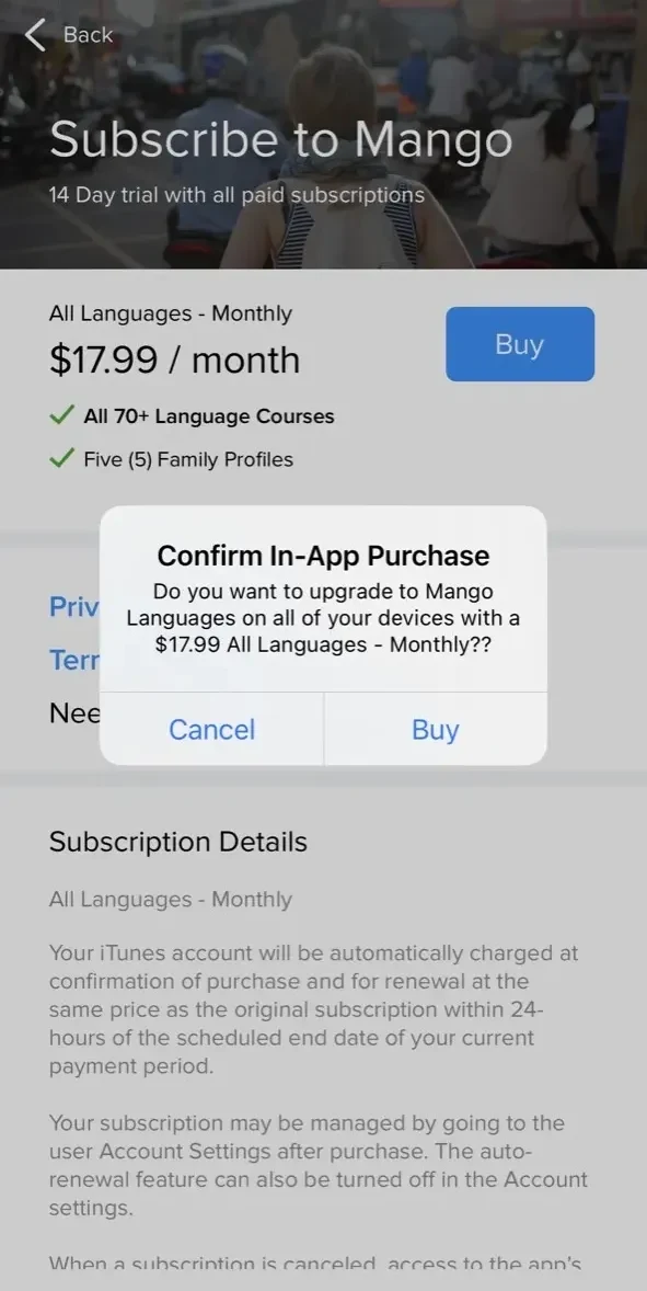 Mango Languages paywall screen