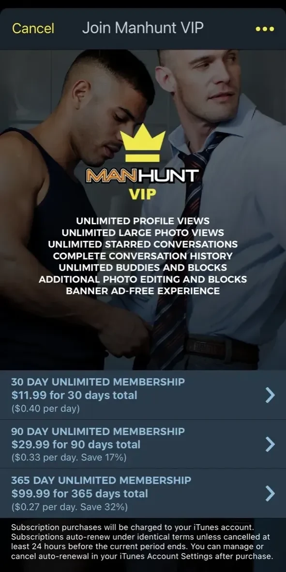 Manhunt paywall screen