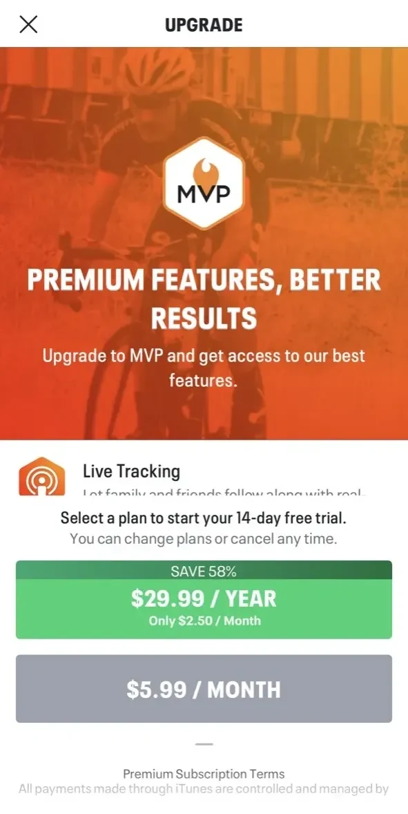 Map My Ride paywall screen