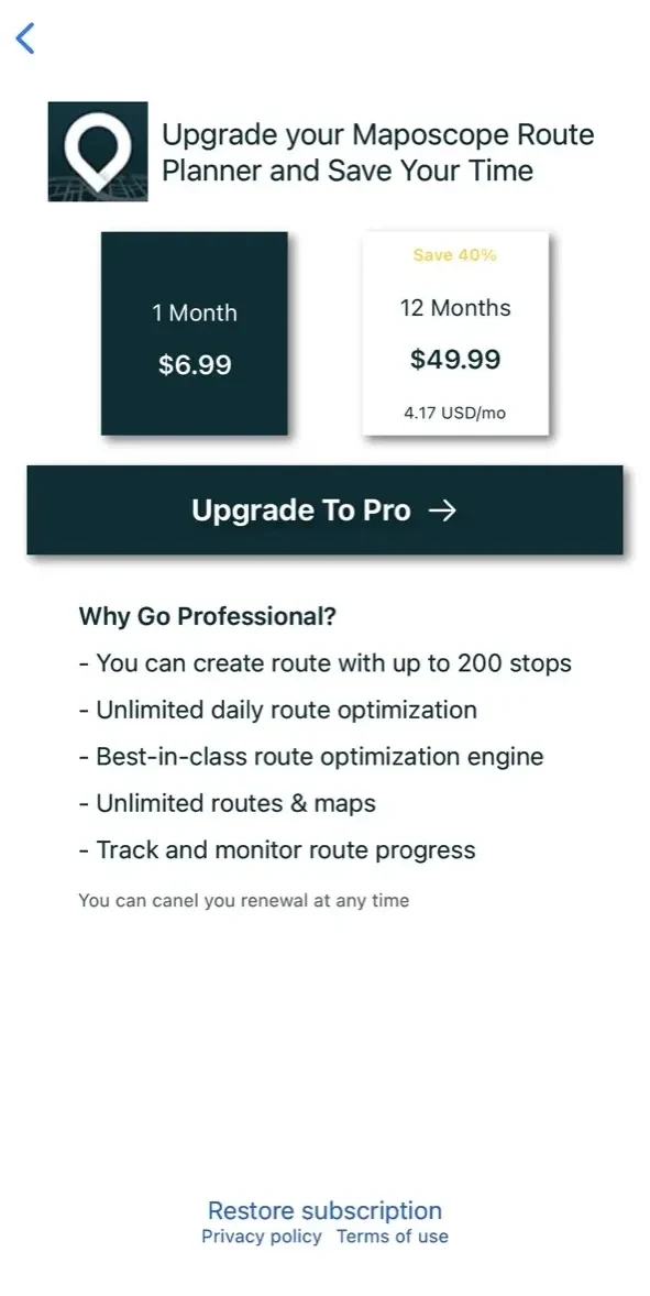 MapoScope Fast Route Planner paywall screen