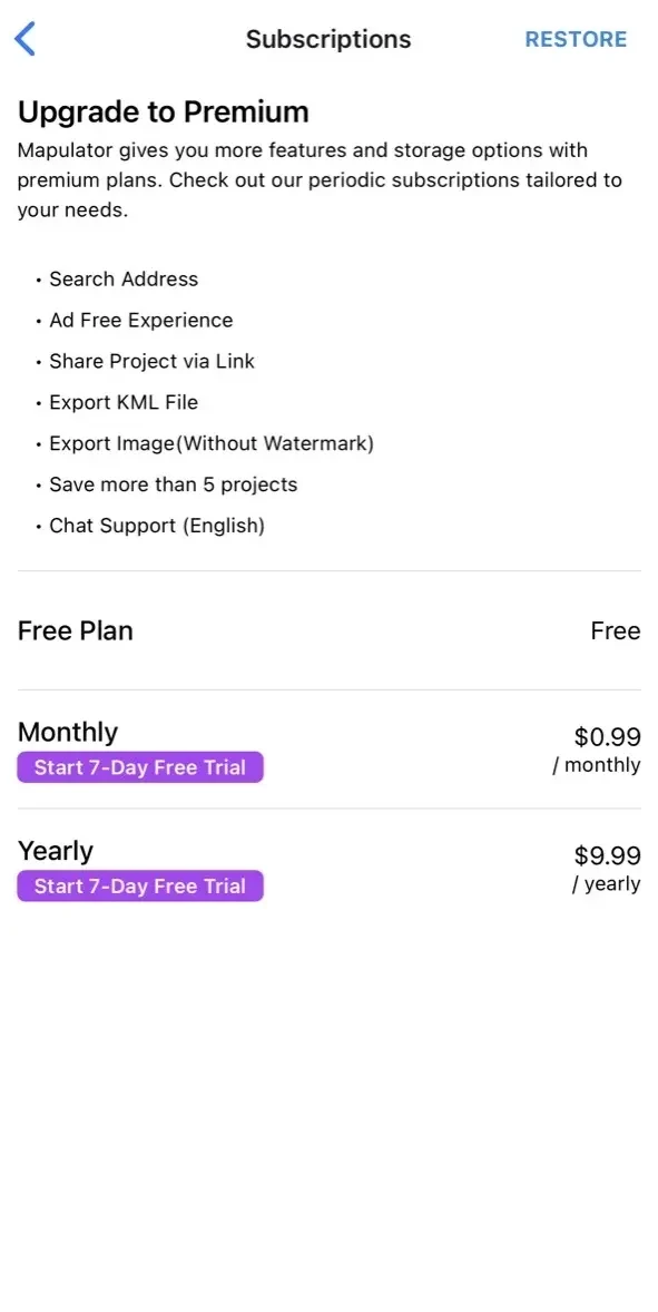 Mapulator paywall screen