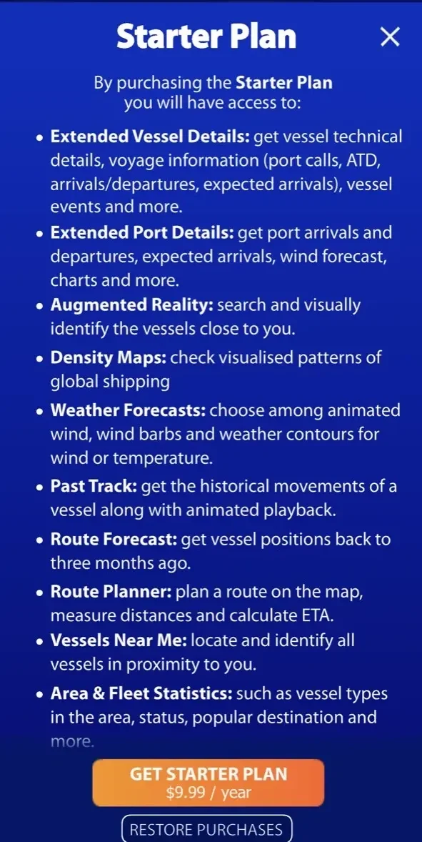 MarineTraffic paywall screen