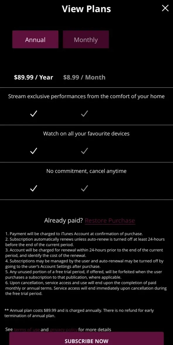 Marquee TV paywall screen
