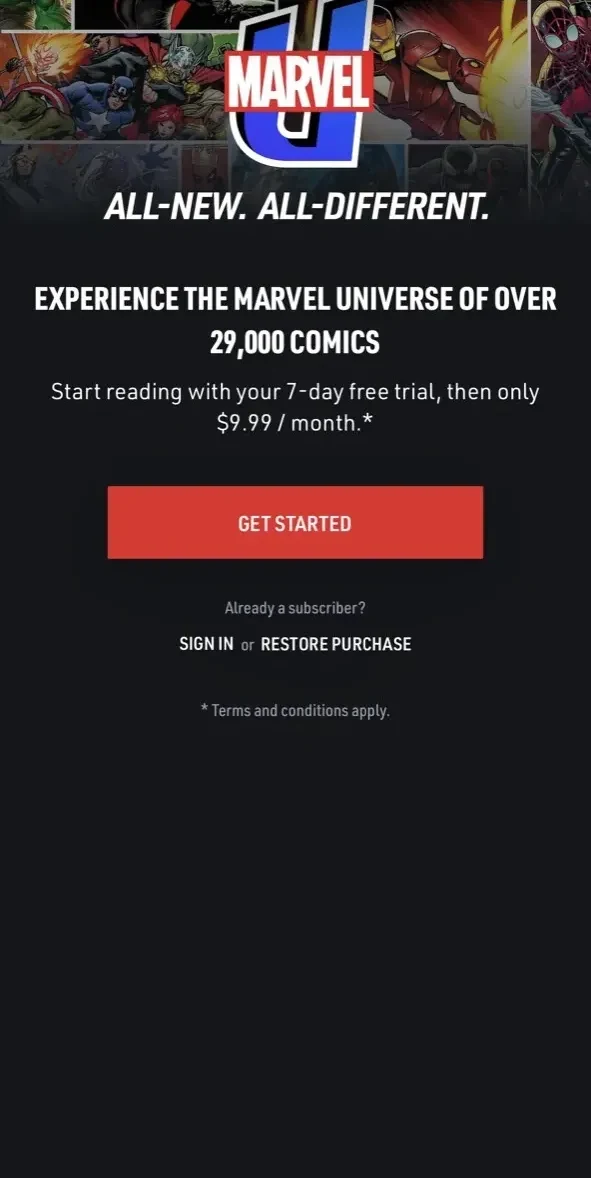 Marvel Unlimited paywall screen