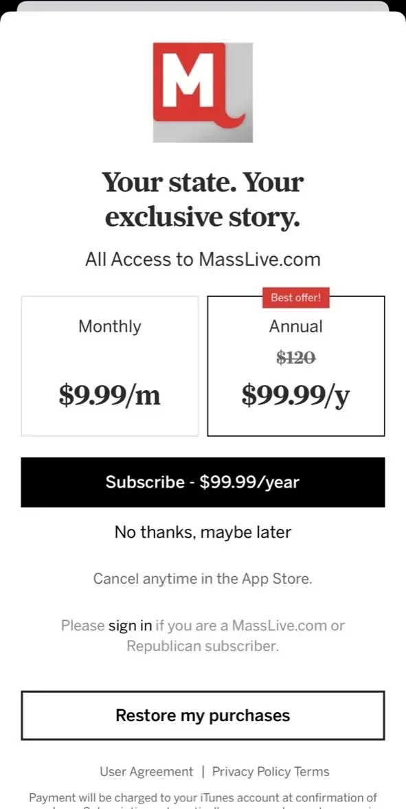 MassLive paywall screen