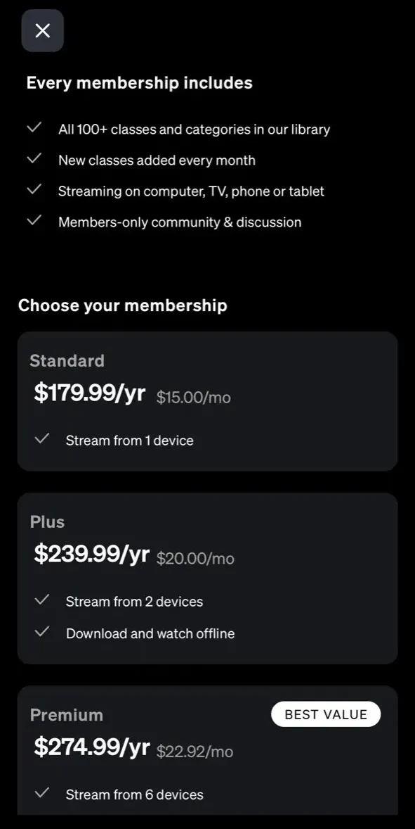 MasterClass paywall screen