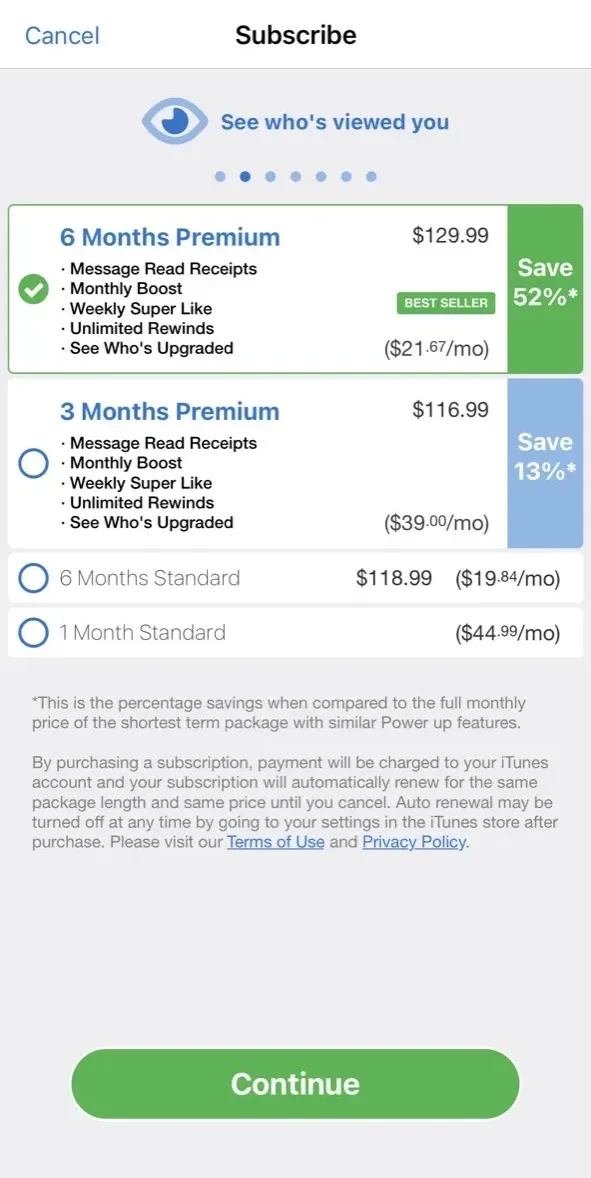 Match Dating App paywall screen