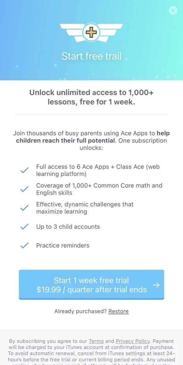 Math Ace 2nd Grade paywall screen