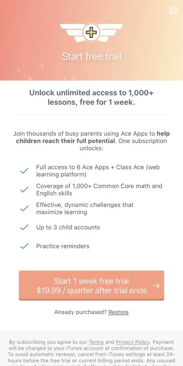 Math Ace 3rd Grade paywall screen