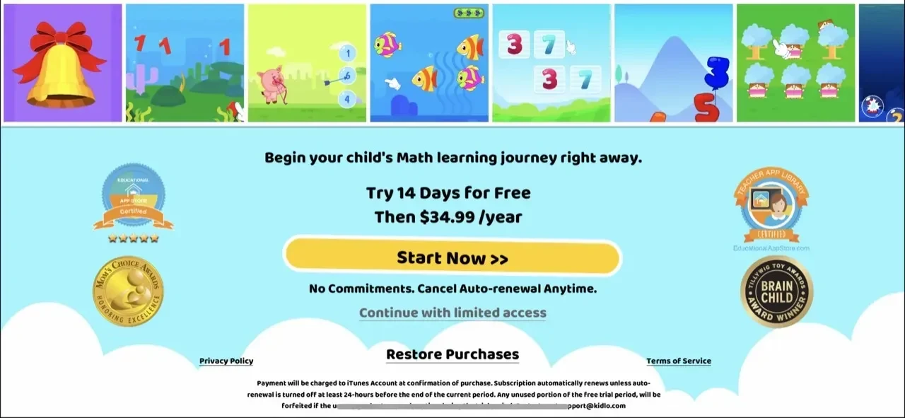 Math Games paywall screen