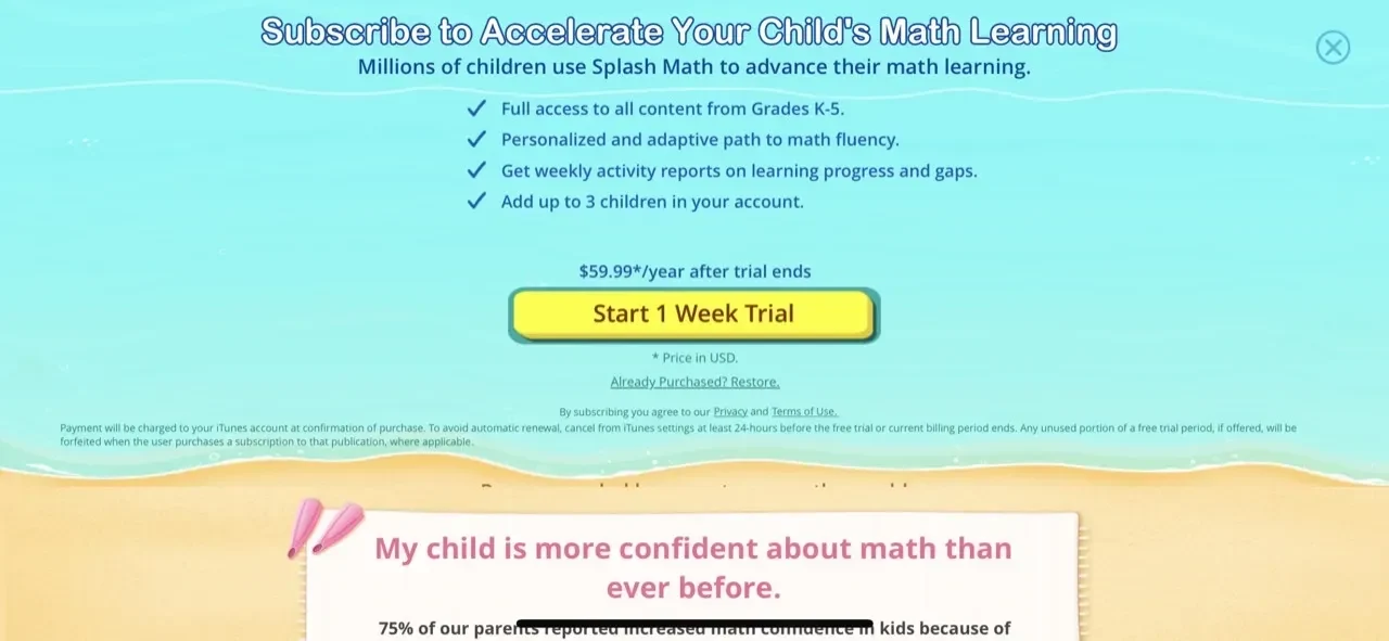 Math Games For 2nd Grade Kids paywall screen