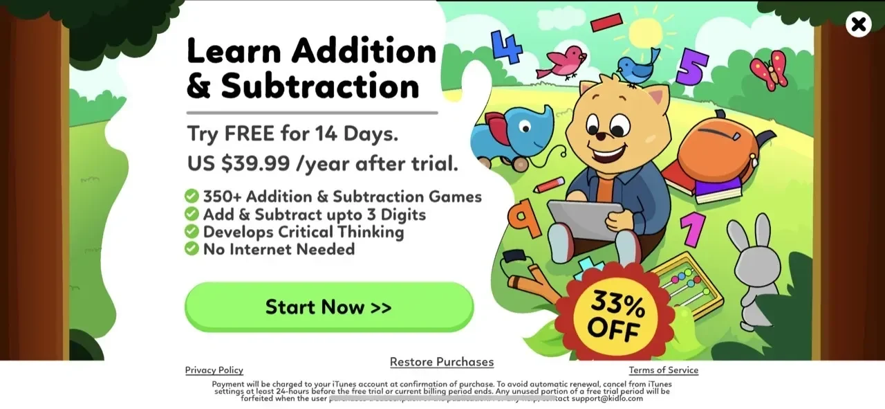 Math Games for Kids paywall screen