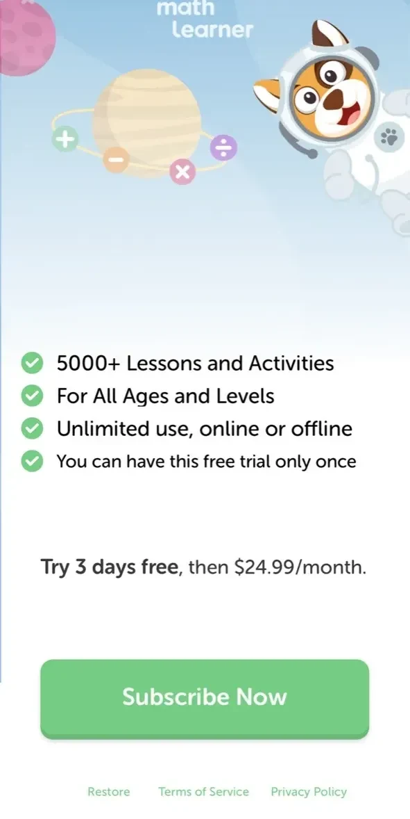 Math Learner paywall screen
