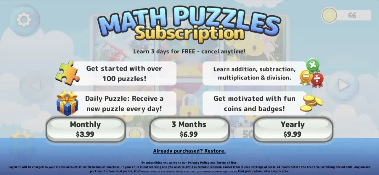 Math Puzzles paywall screen