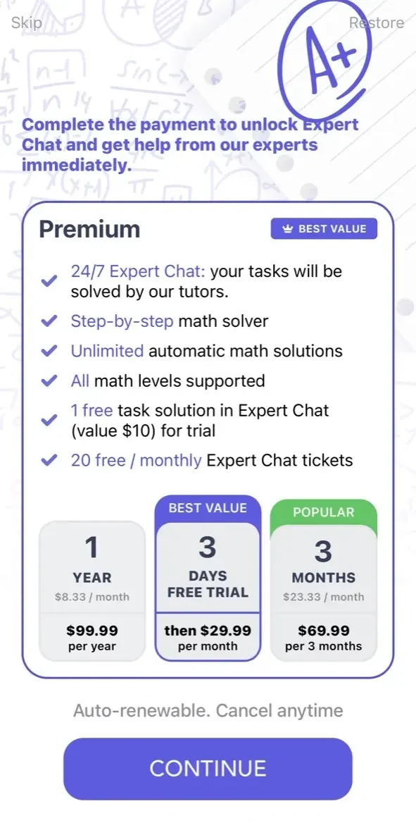 MathMaster paywall screen