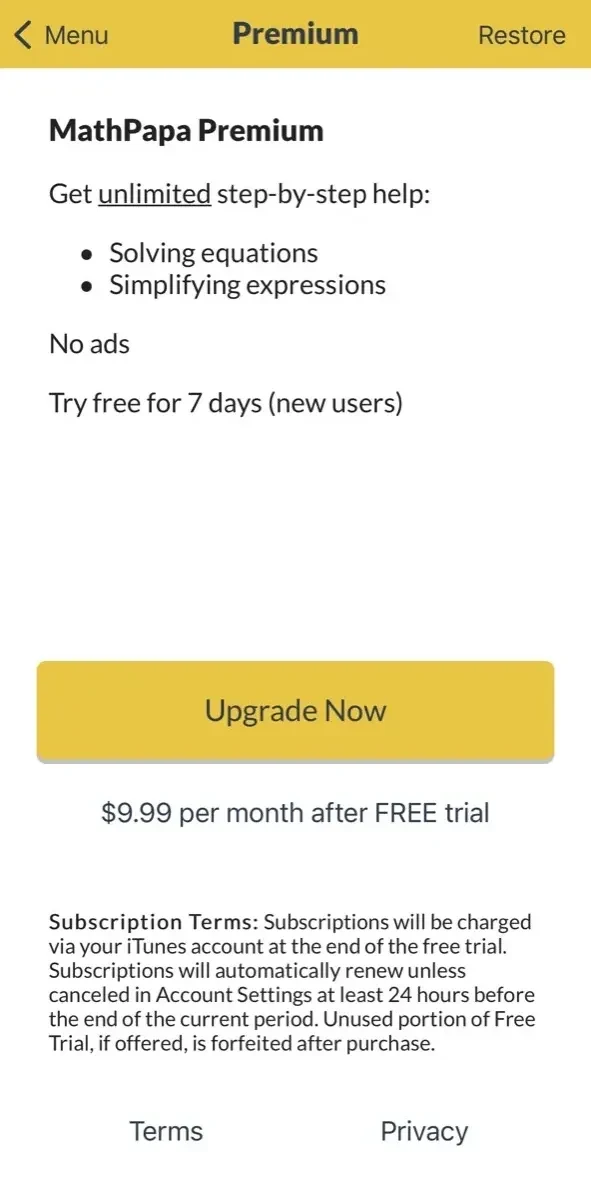MathPapa paywall screen